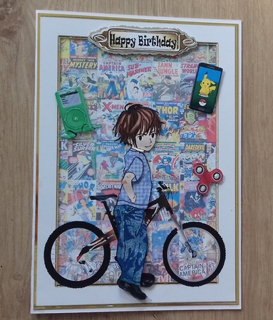 Teenage boy 2 with bike and marvel comics by Honorscard Appleby
