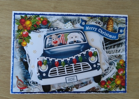 Santa with rudolph in a blue car A5 by Honorscard Appleby