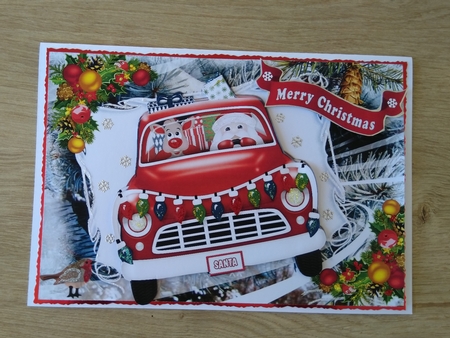 Santa with rudolph in a red car A5 by Honorscard Appleby