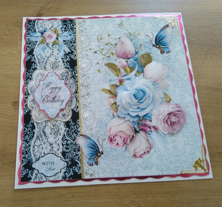 Pink and Blue Rose Card Front With Decoupage by Honorscard Appleby