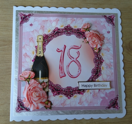 18th Birthday card with roses and champagne bottle decoupage by Honorscard Appleby