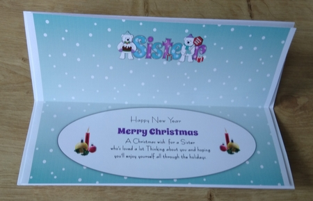 Monty Polar Bear and friend with Christmas pudding and sign SISTER large dl 3 insert by Honorscard Appleby