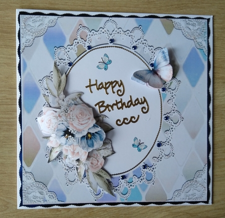 Pretty Diamond and oval lace topper, card front with turq bows 7x7 by Honorscard Appleby