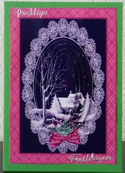 Christmas Cottage in the Snow with Tartan and Lace Frame by Ine Moren