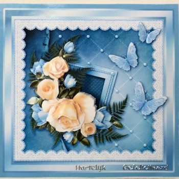 Ivory Roses on a Blue Quilted Background 8inx8in Decoup Kit by Ine Moren