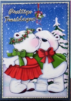 Christmas Kissing Bears Snow Scene Card Front Decoupage by Ine Moren