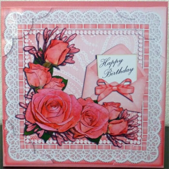 8 x 8 Birthday Roses Lace N Pearls Scalloped Corner Topper by Ine Moren
