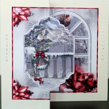 A Christmas Window with Red Decorations Fold Card by Ine Moren