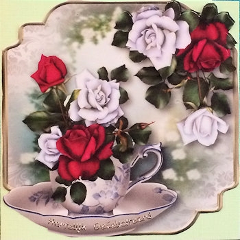 Tudor Roses Teacup & Saucer - Shaped Topper by Ine Moren