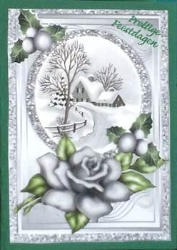 pretty snow cottage with silver rose and holly A5 by Ine Moren