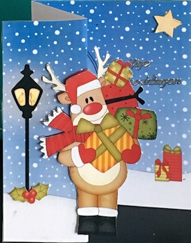 3D Shaped No-Hole Fold Back Christmas Card Mini Kit  - Rudolph has lots of Presents by Ine Moren