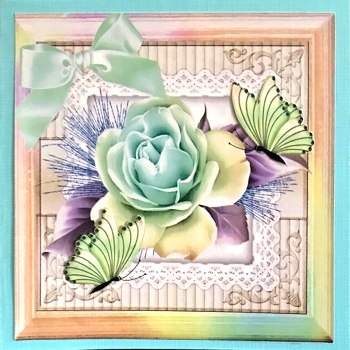 beautiful turq roses with butterflies in turq rainbow frame 8x8 by Ine Moren