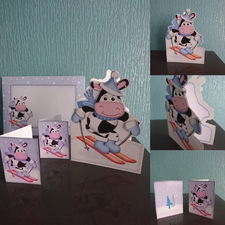 3D Xmas Skiing Milly Moo Cow Shaped Card with Decoupage by Irene  Bond 