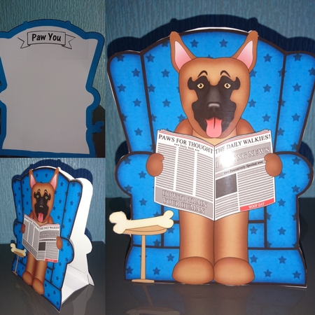 3D Shaped Card  Kit - Little German Shepherd Dog Nash reads the Barking Newspaper by Irene  Bond 