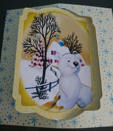 Cute little polar bear with snow scene gold bracket Card front/insert by Irene  Bond 