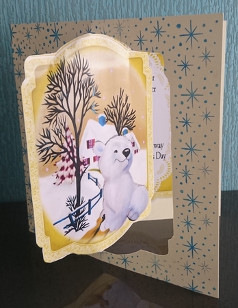 Cute little polar bear with snow scene gold bracket Card front/insert by Irene  Bond 