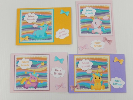 4 Unicorn 3.5 inch Toppers, Sentiments & Bows by Irene Drieman