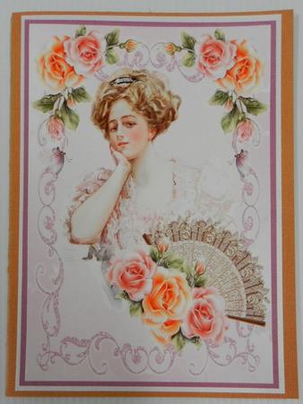 Vintage Lady with Peach/pink Roses with Fan A4 by Irene Drieman