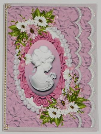 Pink Lady Cameo with Pretty Spring Flowers on Scalloped Card by Irene Drieman
