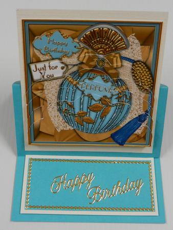 Aquamarine Happy Birthday Perfume 5in Scallop Bottom Stacker by Irene Drieman
