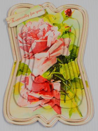 Beautiful Painted Roses Shaped Card , Decoupage & Sentiment by Irene Drieman
