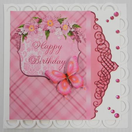8in Shaped Card in Pink with Butterfly by Irene Drieman