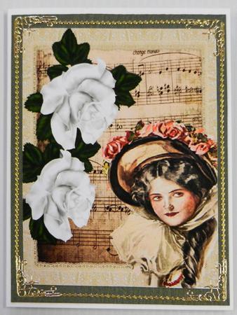 Vintage Lady with White Roses on Music Sheet A4 by Irene Drieman