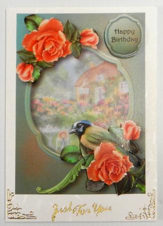Green Jay & Peach Roses by Irene Drieman