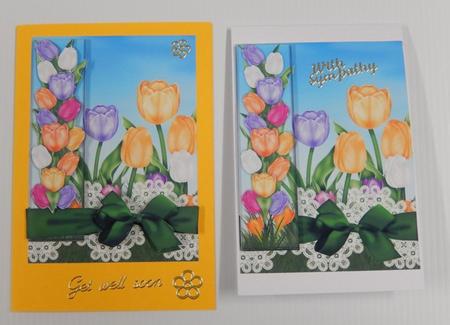 Tulip Border Card Front Green Bow by Irene Drieman
