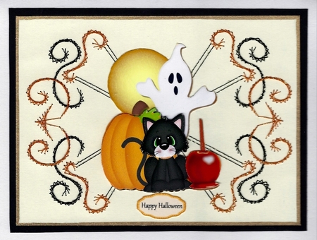 Cute Cat with Pumpkin & Ghost by Irene Jardine