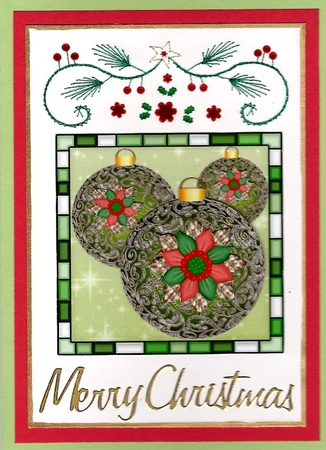 Green Christmas baubles card front by Irene Jardine