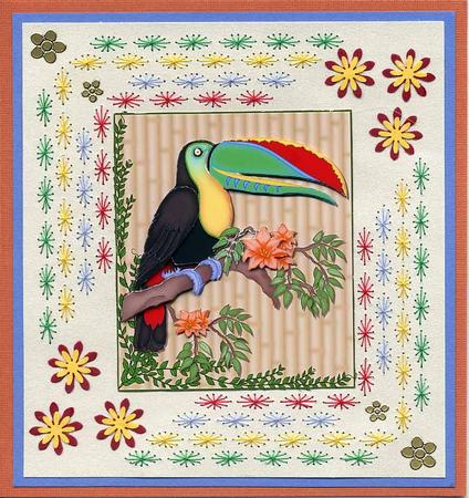 Parrot Tropical Flower Card Front, Topper and Decoupage by Irene Jardine