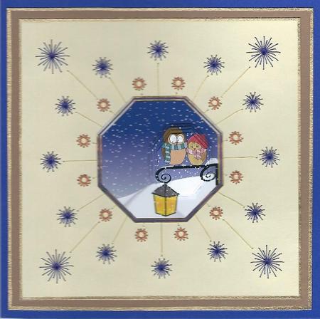 Owls in the Snow Octagon Card Front with Pyramid Layers by Irene Jardine
