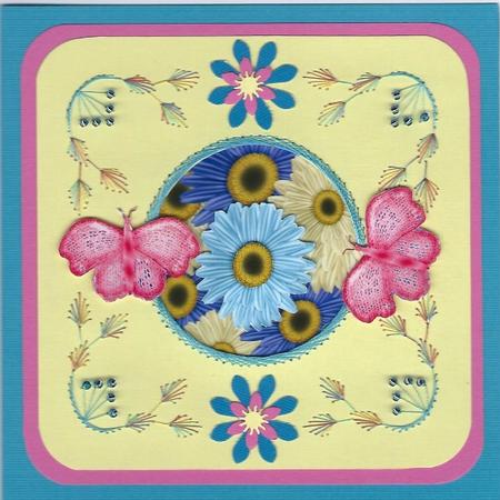 Gerberas and Lace Framed in Blue by Irene Jardine