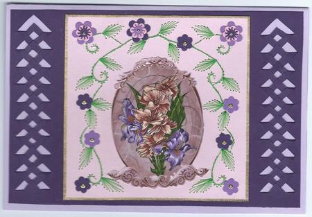 Iris Bouquet Fancy Scrolled Oval Pyramid by Irene Jardine