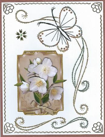 White Flowers and Gold Card Front by Irene Jardine