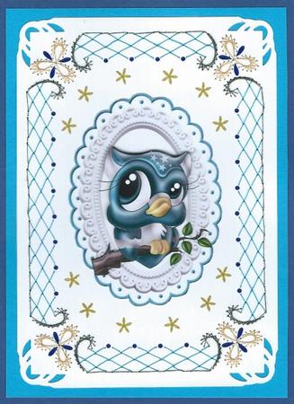 Cute Little Turq Owl on a Branch by Irene Jardine