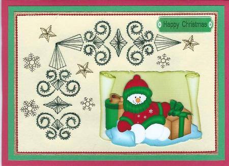 Snowman Keeping Warm with Pressies on a Scroll by Irene Jardine