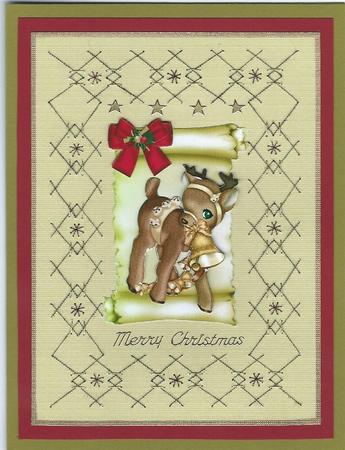 Little Reindeer on a Scroll, with Bow & Holly by Irene Jardine