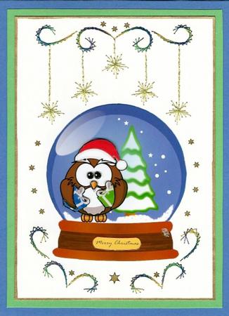 Santa Owl Snowglobe by Irene Jardine