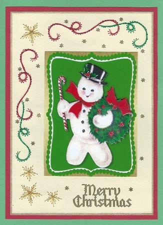 Lovely Snowman with Holly Wreath  by Irene Jardine