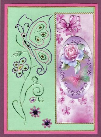 Pink Roses and Butterflies in Ornate Frame with Bow Tall Dl by Irene Jardine