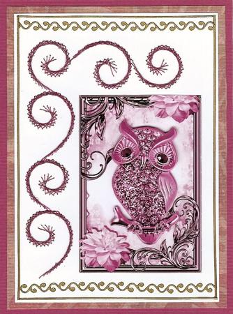 Pink Sparkle Owl with Flowers in Ornate Frame by Irene Jardine