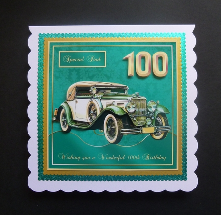 100th Birthday card front with Vintage MG & decoupage. Family tags by Jayne Jones