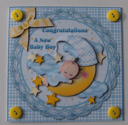 Sleeping Baby Boy on Moon Card Front by Jayne Jones