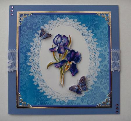 8x8 Irises, Lace and Butterflies Decoupage Topper by Jayne Jones