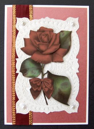 Red Rose with Bow on Vintage Lace by Jayne Jones