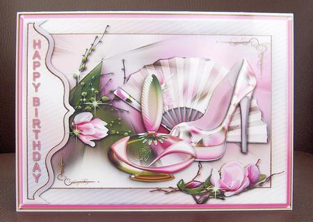 Perfume Shoe and Fan Birthday Card Front by Jayne Jones