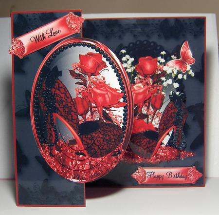 Designer Style Red and Black Lace Shoes No Holes Fold Card by Jayne Jones