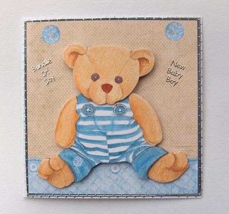 Baby Bear Card Front with Decoupage and Sentiment Tags by Jayne Jones